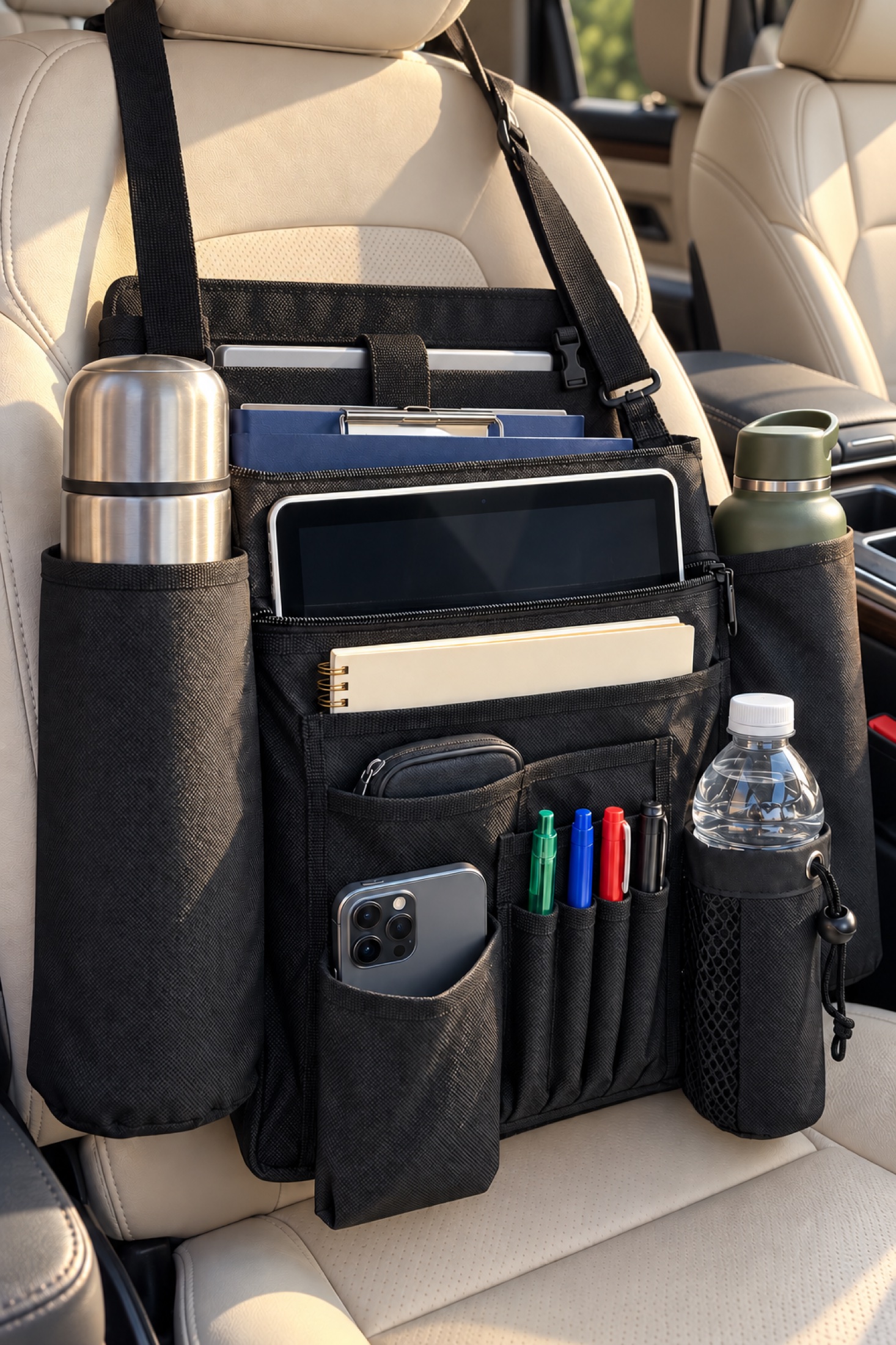 DriverSuperDreams DSD01 black organizer on a beige front seat